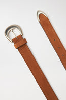 Metallic Buckle Leather Belt - Beige