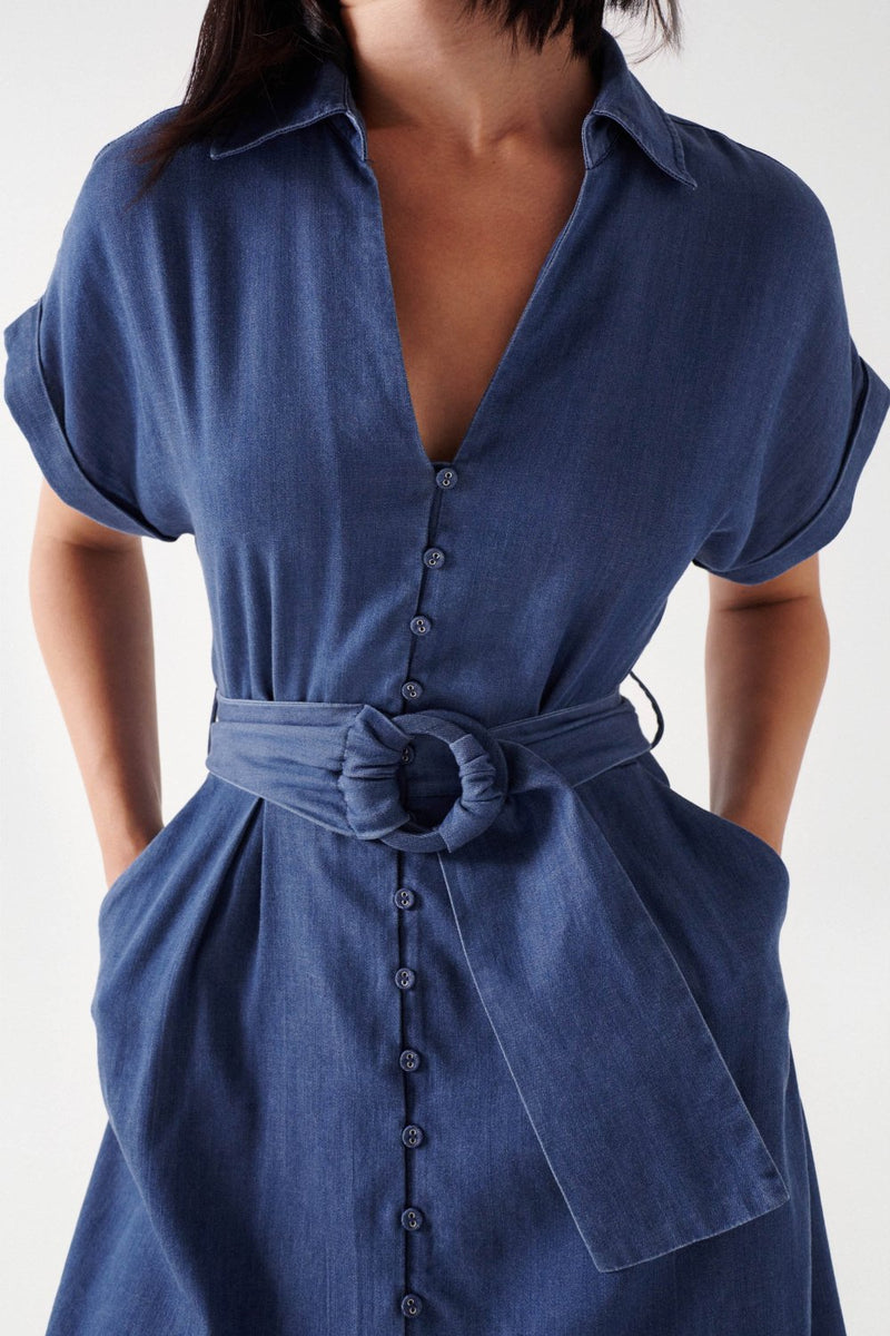 V Neck Denim Dress - Blue