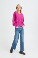 Morla Pointelle V Neck Jumper - Festival Fuchsia