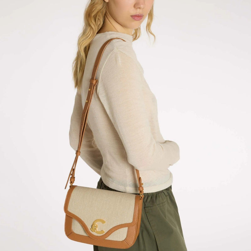 Canvas Fabric Leather Handbag - Natural/brown