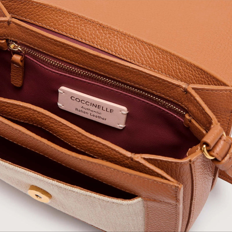 Canvas Fabric Leather Handbag - Natural/brown