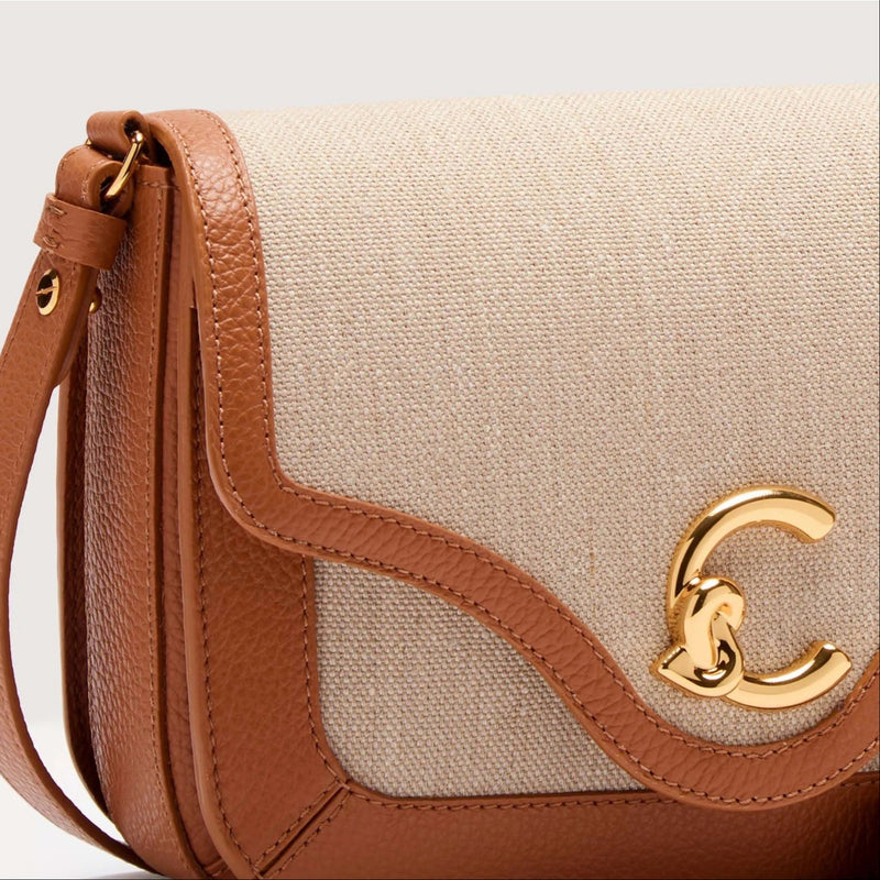 Canvas Fabric Leather Handbag - Natural/brown