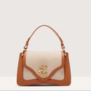 Canvas Fabric Leather Handbag - Natural/brown