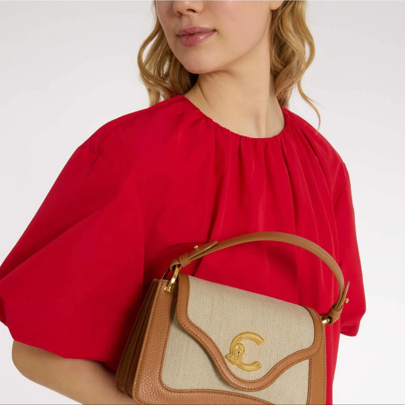 Canvas Fabric Leather Handbag - Natural/brown