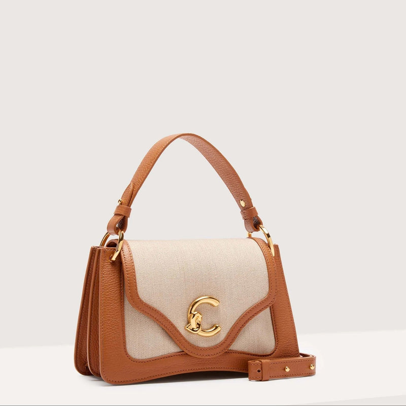 Canvas Fabric Leather Handbag - Natural/brown