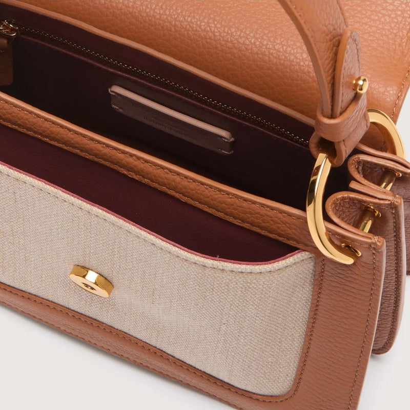 Canvas Fabric Leather Handbag - Natural/brown