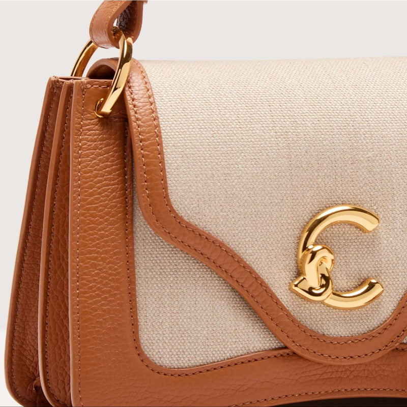 Canvas Fabric Leather Handbag - Natural/brown