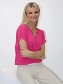 Eva V Zip Up Top - Cerise