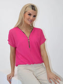 Eva V Zip Up Top - Cerise