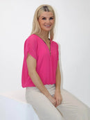 Eva V Zip Up Top - Cerise