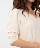 Puff Sleeve V Neck Jumper - Beige