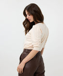 Puff Sleeve V Neck Jumper - Beige