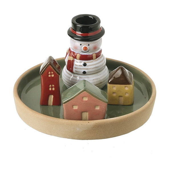 Snowman Ceramic Scene Taper Candle Holder