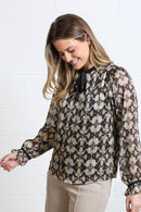 Maria Tie Neck Print Top - Gold