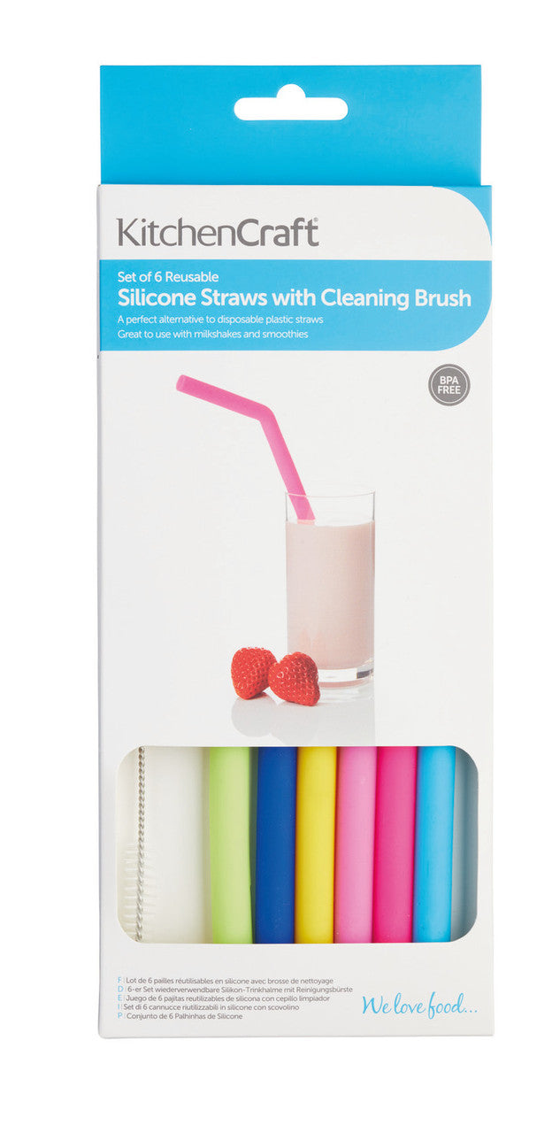 Set of Six Silicone Straws with Cleaning Brush