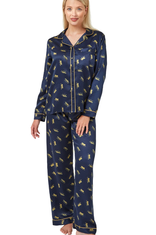 Satin Tiger Print Pyjama - Navy