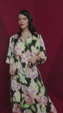 Puff Ball Sleeve Wrap Dress - Black/lime