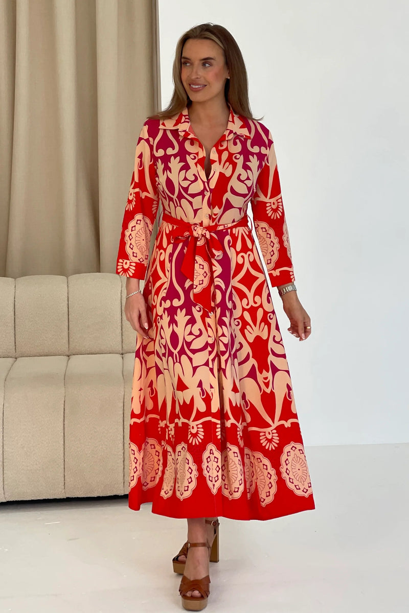 Border Print Maxi Dress - Red Abstract
