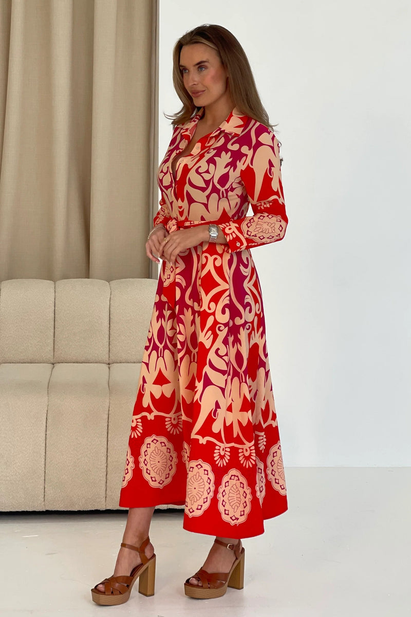 Border Print Maxi Dress - Red Abstract