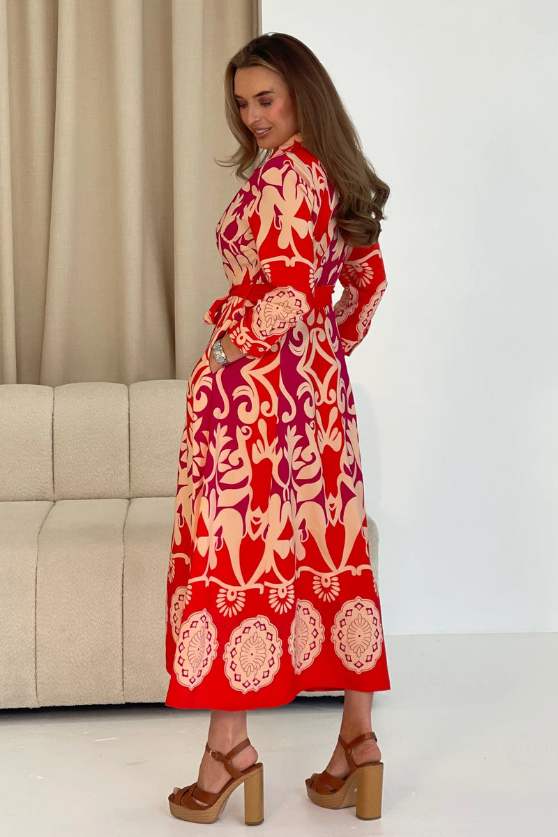 Border Print Maxi Dress - Red Abstract