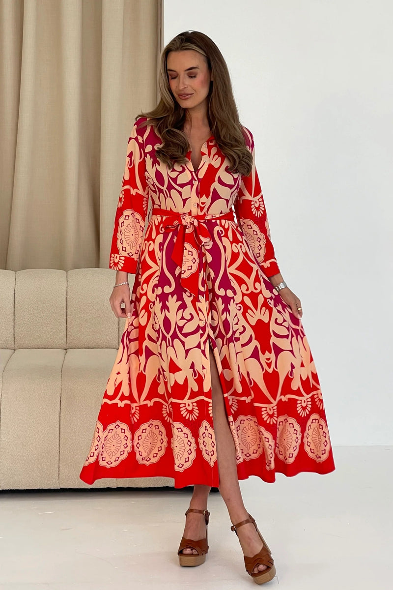 Border Print Maxi Dress - Red Abstract