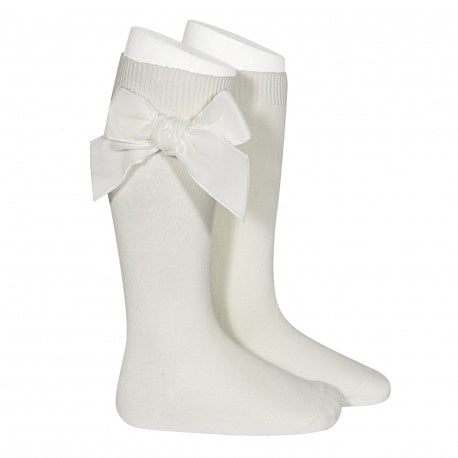 Side Velvet Bow Knee Socks - Beige