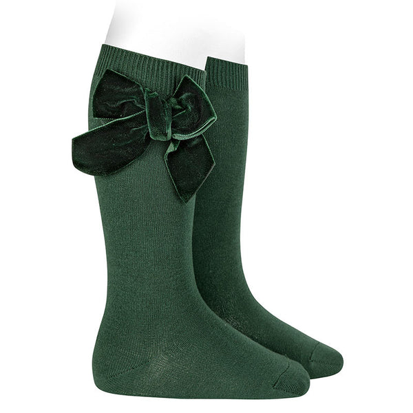Side Velvet Bow Knee Socks - Bottle Green