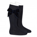 Side Velvet Bow Knee Socks - Navy