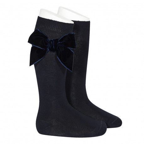 Side Velvet Bow Knee Socks - Navy