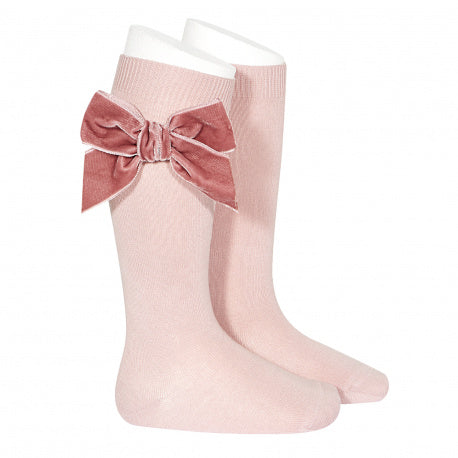 Side Velvet Bow Knee Socks - Pale Pink