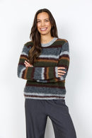 Hadil 2 Stripe Round Neck Jumper - Forest Night Melange Combi