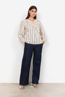 Olta 3 Striped V Neck Blouse - Cream Combi