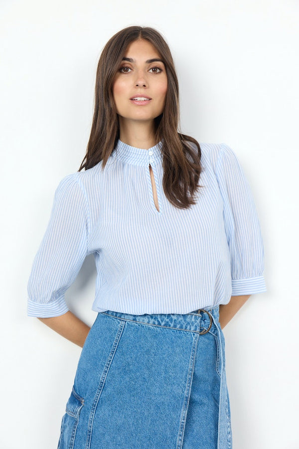 Dione 1 High Neck Pinstripe Blouse - Crystal Blue Combi