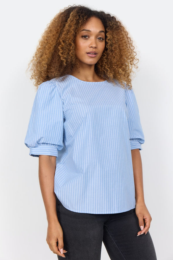 Dicle 1 Round Neck Pinstripe Blouse - Crystal Blue Combi