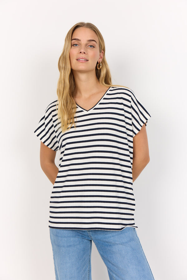 Kaiza3 V Neck Stripe T-Shirt - Cream Combi