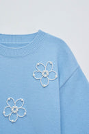 Knit Sweater with Pearls - Blue