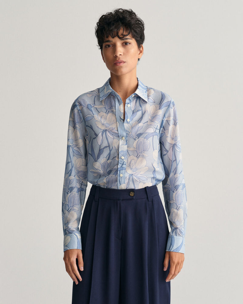 Magnolia Print Cotton Silk Shirt - Dove Blue