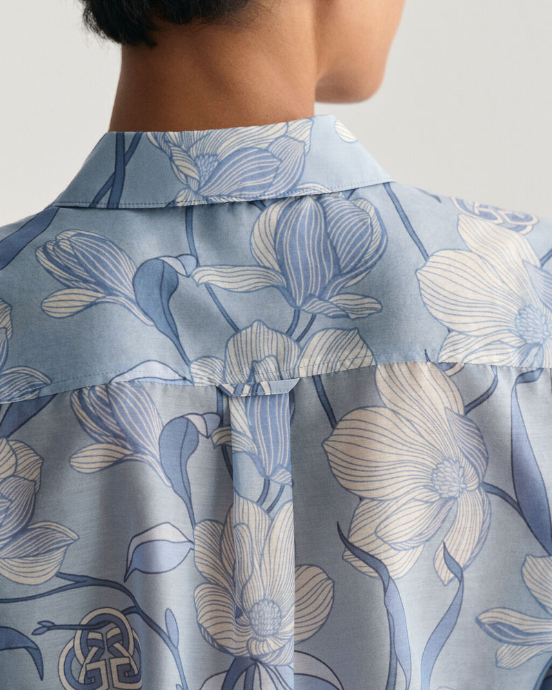 Magnolia Print Cotton Silk Shirt - Dove Blue