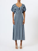 Fran Lizzie Puff Sleeve Midi Dress - Blue Stripe