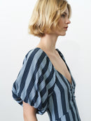 Fran Lizzie Puff Sleeve Midi Dress - Blue Stripe