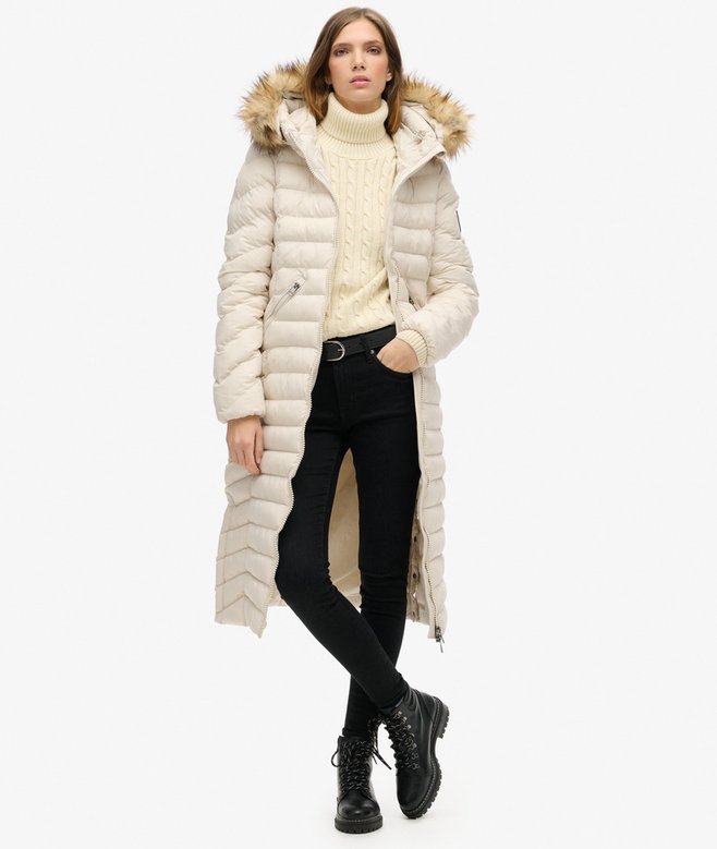 Fuji FauxFur Hood Longline Coat - Rainy Day Grey