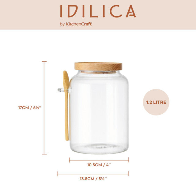 Idilica Glass Storage Jar with Beechwood Lid and Bamboo Spoon 1200ml