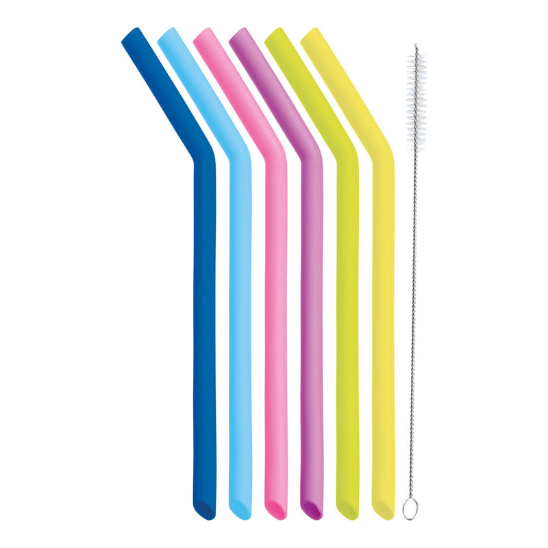 Set of Six Silicone Straws with Cleaning Brush