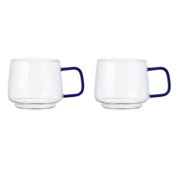 Glass Mug Set of 2 - Blue Handle