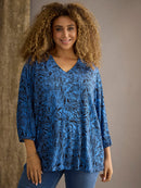 V-Neck Print Top - Blue & navy
