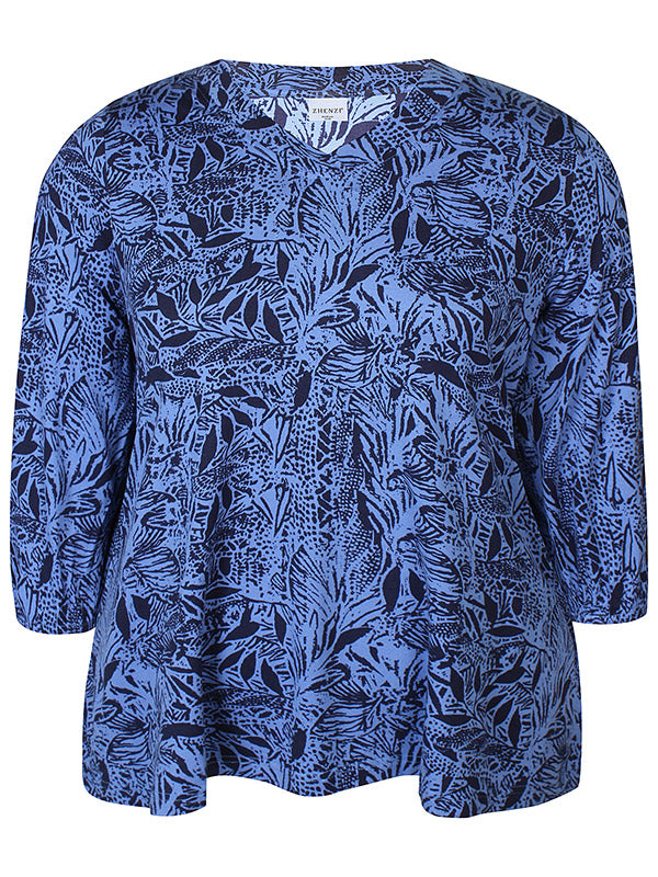 V-Neck Print Top - Blue & navy