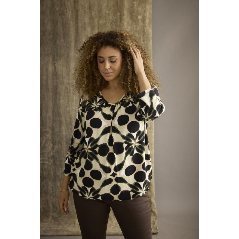 Circle Print Top - Green & cream