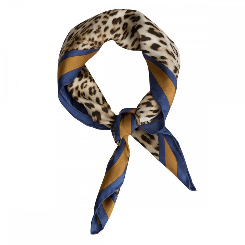 Leopard Border Silk Scarf - Dark Blue