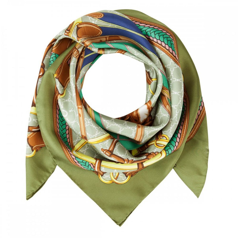 Horse & Belts Silk Scarf - Olive