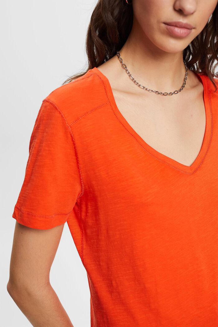 Scar Stitch V Neck T-Shirt - Orange Red